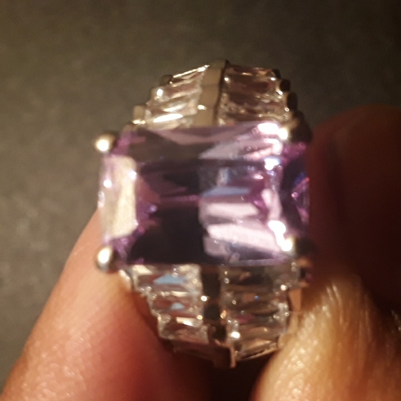 Vintage Lavender Glass Stone & Clear Cubic Zirconia Stones Silver Tone Ring, 9 - Picture 8 of 10